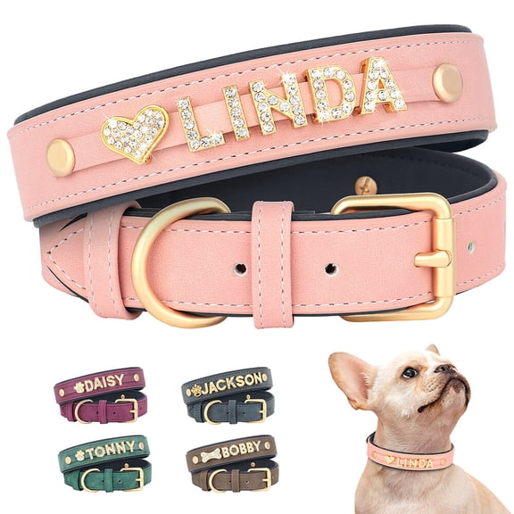 Pet Artist Personalized Dog Cat Collar with Rhinestone & Gold Letters Charms, Custom Name Plate, Adjustable S-L, DIY Pet Collar