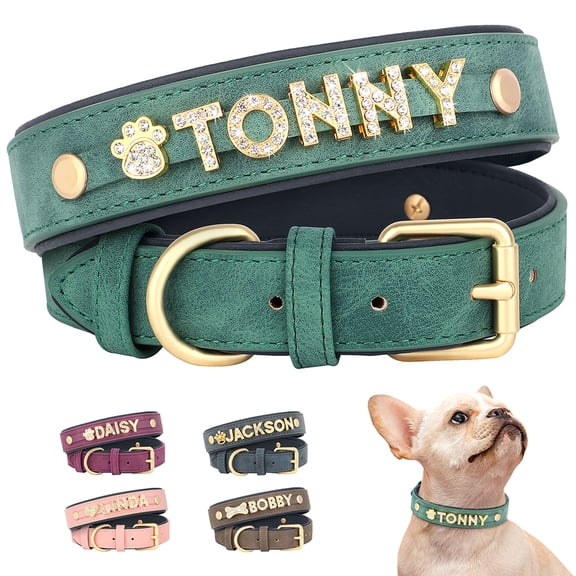 Pet Artist Personalized Dog Cat Collar with Rhinestone & Gold Letters Charms, Custom Name Plate, Adjustable S-L, DIY Pet Collar