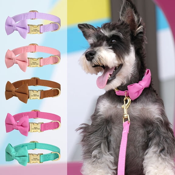 Pet Artist Personalized Dog Collar with Bow Tie - Custom Engraved Name & Phone Number - Adjustable Puppy Collars with Gold Buckle for Small Medium Dogs