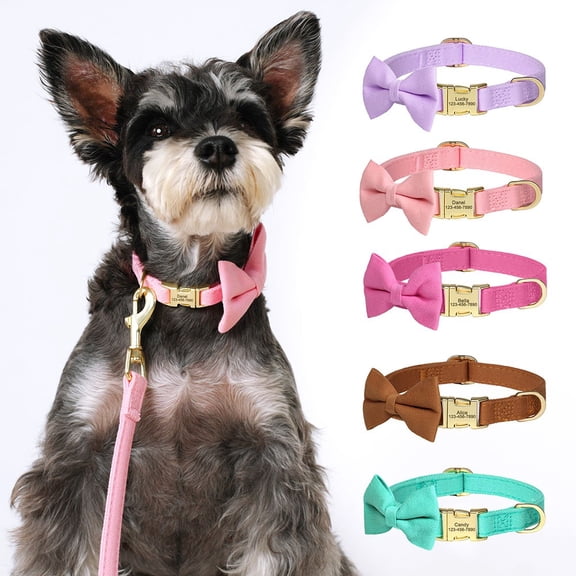 Pet Artist Personalized Dog Collar with Bow Tie - Custom Engraved Name & Phone Number - Adjustable Puppy Collars with Gold Buckle for Small Medium Dogs