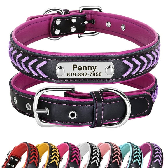 Pet Artist Personalized Dog Collar Braided Soft Padded Leather with Custom Pet Name ID Tag