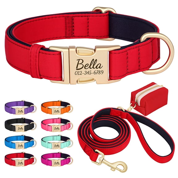 Pet Artist Personalized Dog Collar, Leash & Poo Bag Set, 3-Piece - Soft Padded Nylon, Waterproof, Engraved Name Buckle, Adjustable for Small, Medium, Large Dogs