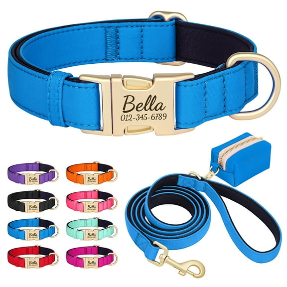 Pet Artist Personalized Dog Collar, Leash & Poo Bag Set, 3-Piece - Soft Padded Nylon, Waterproof, Engraved Name Buckle, Adjustable for Small, Medium, Large Dogs