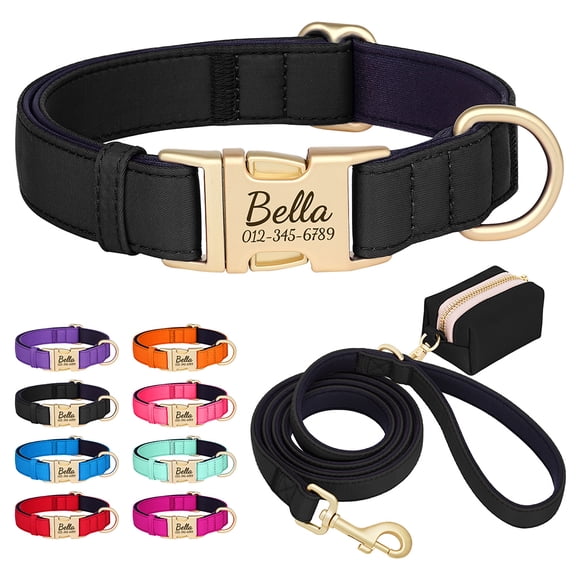 Pet Artist Personalized Dog Collar, Leash & Poo Bag Set, 3-Piece - Soft Padded Nylon, Waterproof, Engraved Name Buckle, Adjustable for Small, Medium, Large Dogs