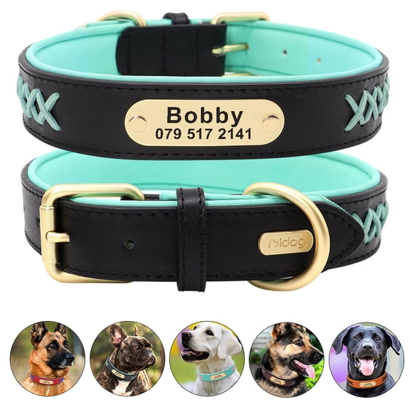 Pet Artist Personalized Dog Collar Soft Padded Braided Leather Custom Engraved Name ID Tags