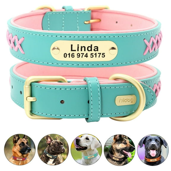 Pet Artist Personalized Dog Collar Soft Padded Braided Leather Custom Engraved Name ID Tags