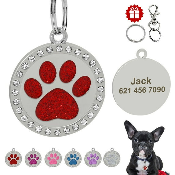Pet Artist Personalized Dog Tags Paw Rhinestone Pet Cat ID Name Tag Engraved Free Hair Bows