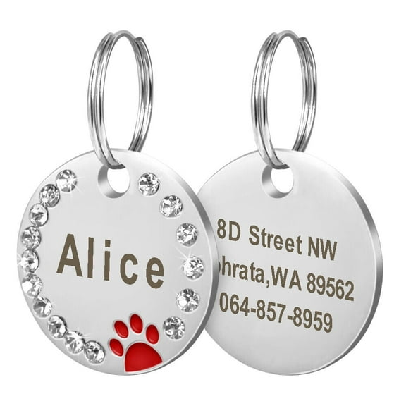 Pet Artist Personalized Dog Tags Paw Rhinestone Pet Cat ID Name Tag Engraved with Clasp and 2pcs Free Hair Bows