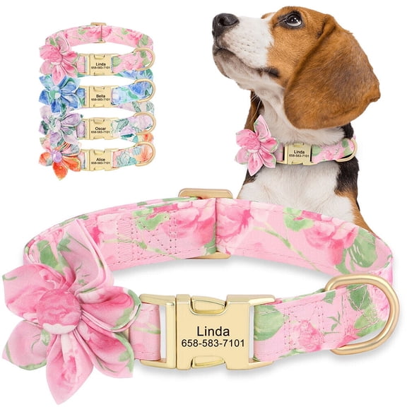 Pet Artist Personalized Floral Nylon Dog Collar with Big Flower Customized Metal Buckle Engraved for Pets