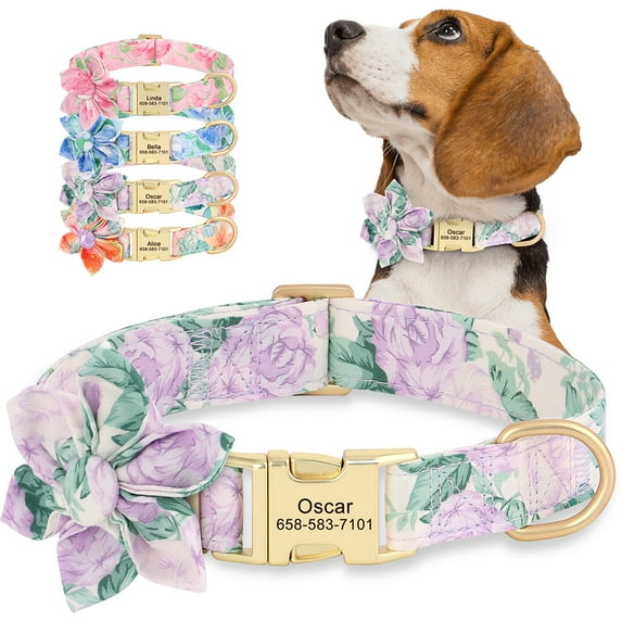 Pet Artist Personalized Floral Nylon Dog Collar with Big Flower Customized Metal Buckle Engraved for Pets