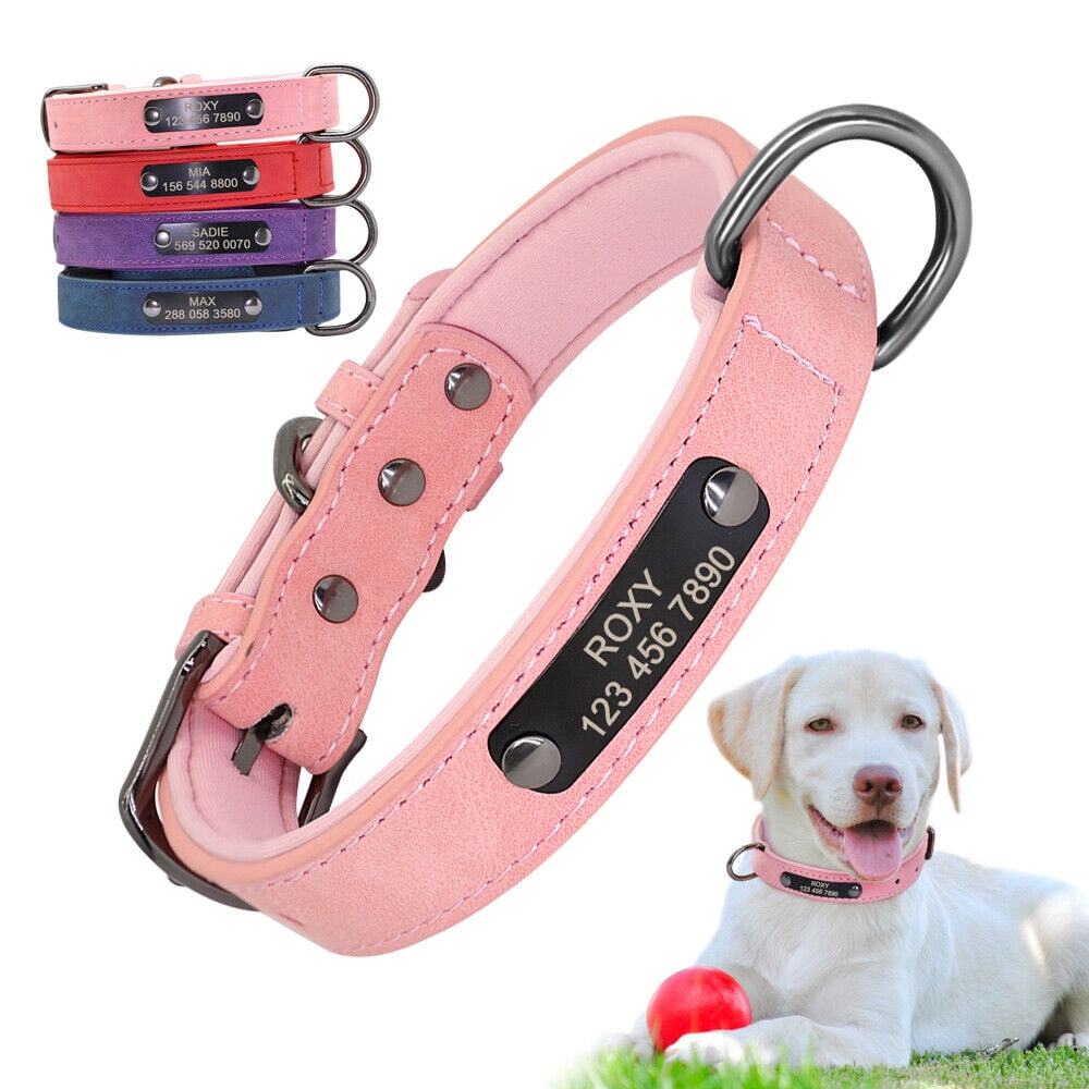 Personalised Soft Leather Dog Collar – Engraved Name & Number, Adjustable, Sizes XS-XL