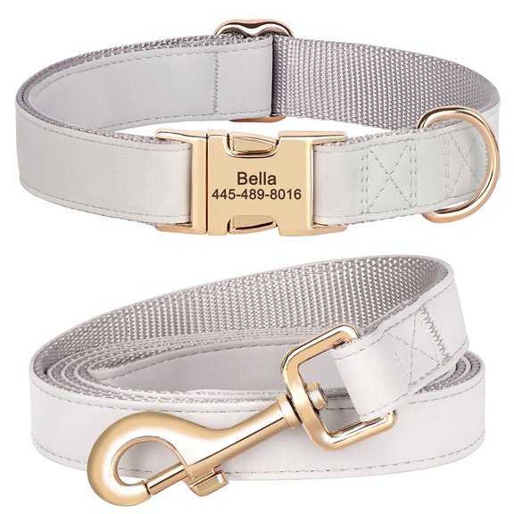 Pet Artist Personalized PU Leather Dog Collar and Matching Leash set Custom ID Metal Buckle Pet Name / Number Adjustable for Small Large Breeds