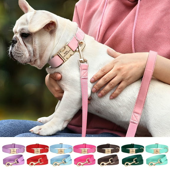 Pet Artist Personalized PU Leather Dog Collar and Matching Leash set Custom ID Metal Buckle Pet Name / Number Adjustable for Small Large Breeds