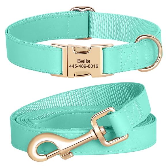 Pet Artist Personalized PU Leather Dog Collar and Matching Leash set Custom ID Metal Buckle Pet Name / Number Adjustable for Small Large Breeds