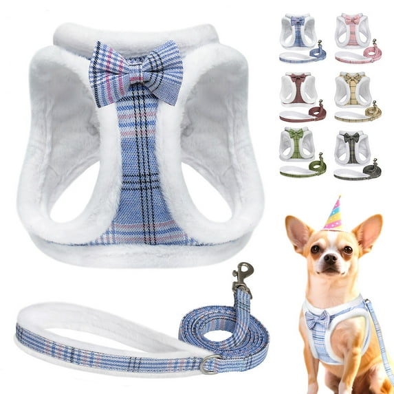 Pet Artist Plaid Cozy Warm Plush Dog Harness and Leash Set with Cute Bow, Winter Pet Puppy Jacket Vest for Small Dogs