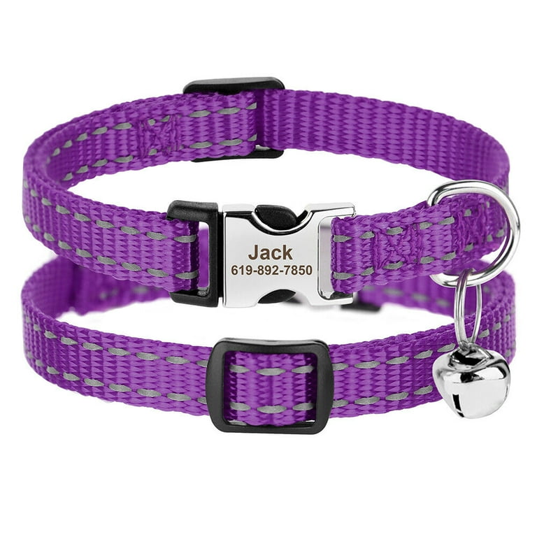 Pet Artist Reflective Personalised Cat Collar Adjustable with Custom Engraved Name Tag Bell Size 1XL Purple