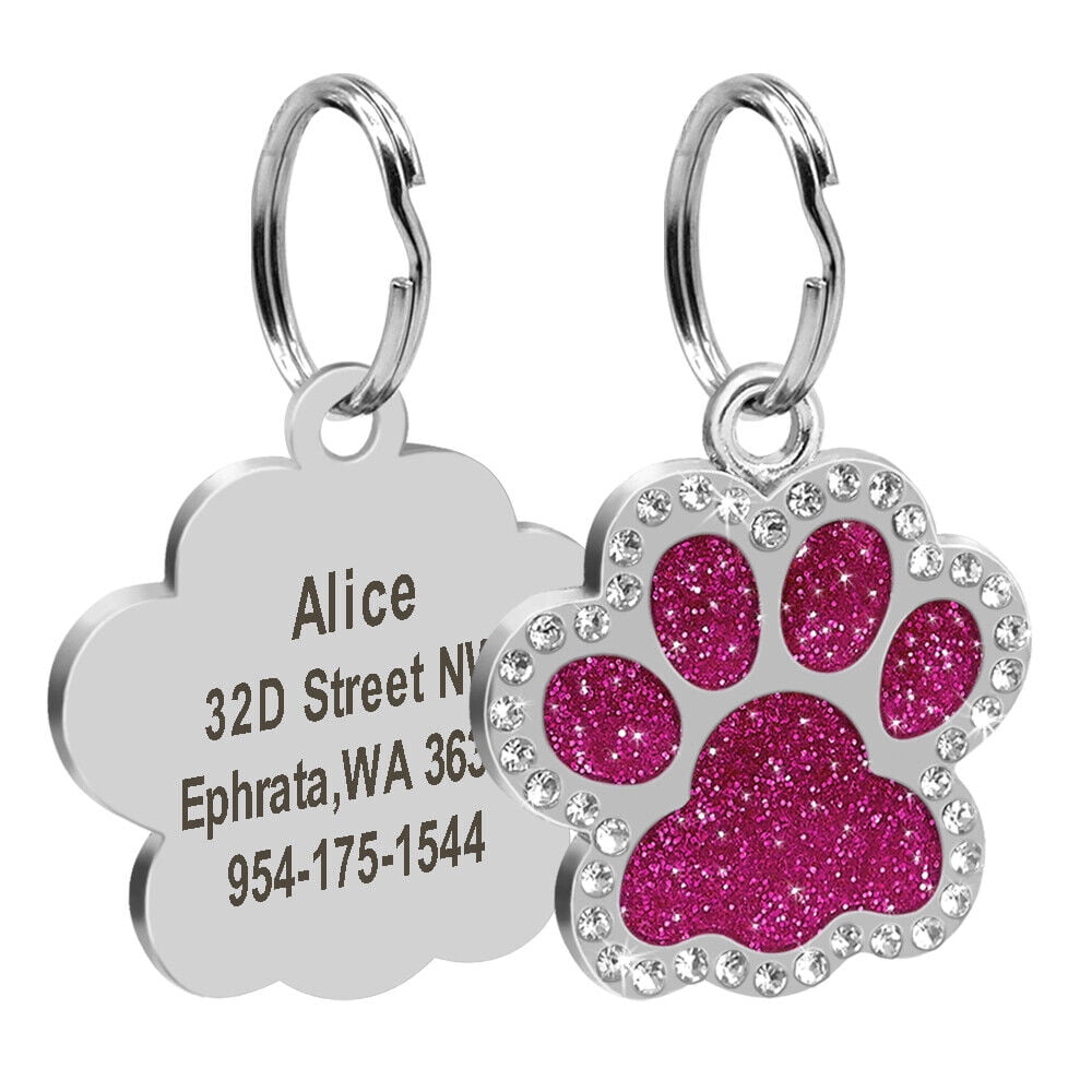 Pet Artist Rhinestone Paw Print Personalised Dog Tags Custom Engraved Cat Puppy ID Name Tag with Free Clasp and Bell Walmart