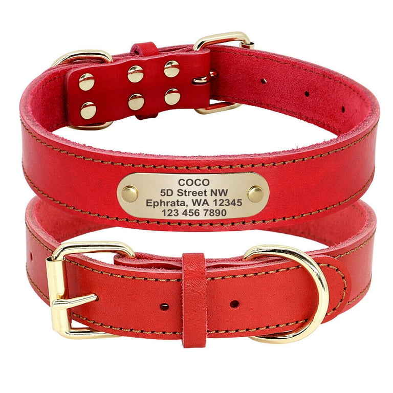 Pet Artist Soft Genuine Leather Personalized Dog Collar Customized Name Engraved Adjustable Size Small Neck for 15 19 Red