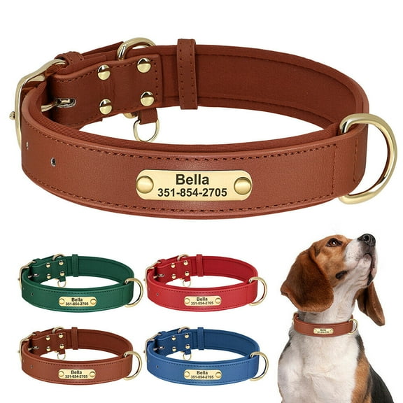 Pet Artist Soft Padded Dog Leather Collar Personalized Pet Name ID Tag Engraved Adjustable