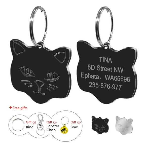 Pet Artist Stainless Steel Cat Face Engraved Cat Tags Disc Personalized Name ID Collar Tag
