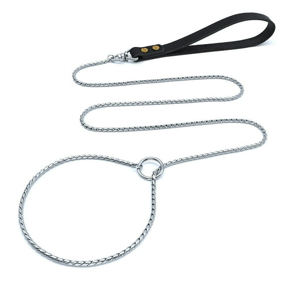 Pet Artist Stainless Steel Dog Leash P Chain Slip Lead Heavy Duty Sturdy with Padded Leather Handle