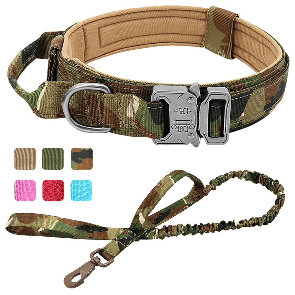 Pet Artist Tactical Nylon Large Dog Collars and Bungee Leash set Military Heavy Duty Metal Buckle M L XL