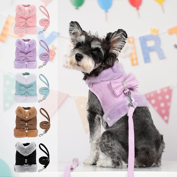 Pet Artist Warm Dog Harness Leash Set Soft Plush Neck Puppy Vest With Cute Bowtie for Small Dogs