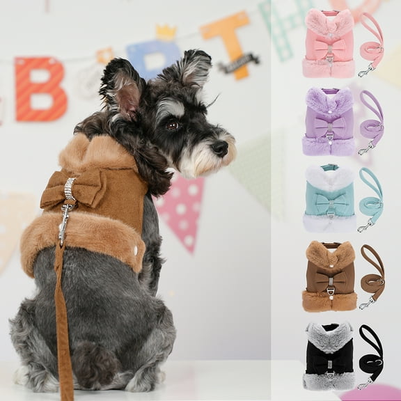 Pet Artist Warm Dog Harness Leash Set Soft Plush Neck Puppy Vest With Cute Bowtie for Small Dogs