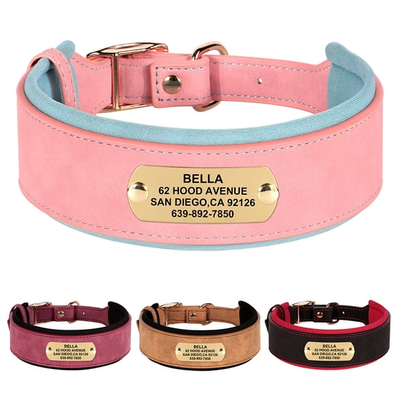 Pet Artist Wide PU Leather Personalized Dog Collar Soft Padded for Medium Large Dogs Custom Nameplate Engraved M-XL
