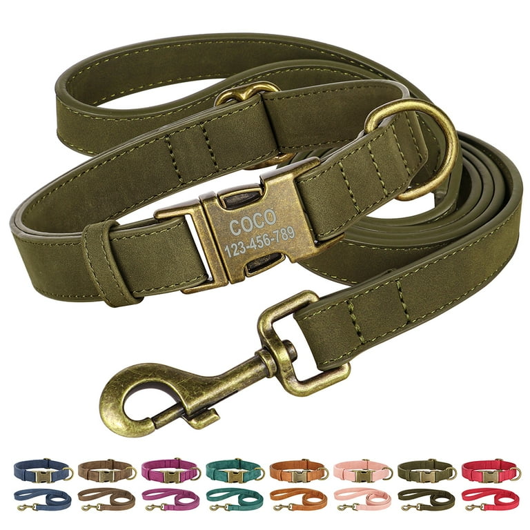 Pet Artist XS-L Personalized Leather Dog Collar and Leash Set Name