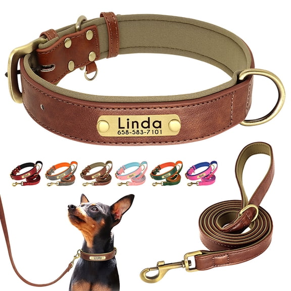Pet Artist XS-XL Custom PU Leather Dog Collar and Matching Leash set Personalized Adjustable Pet Name Number Engraved Soft Padded