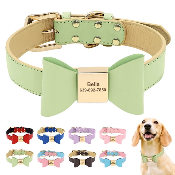 Pet Artist XS-XL Cute Bowtie Personalized Dog Collar PU Leather Custom Pet Puppy Name Number Engraved