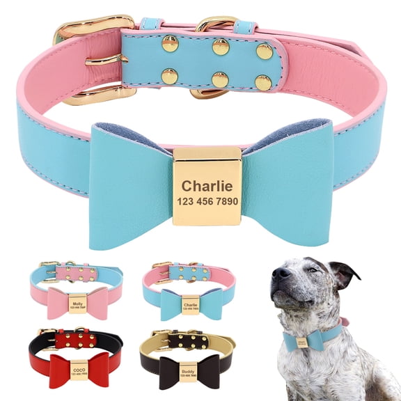 Pet Artist XS-XL Cute Bowtie Personalized Dog Collar PU Leather Custom Pet Puppy Name Number Engraved