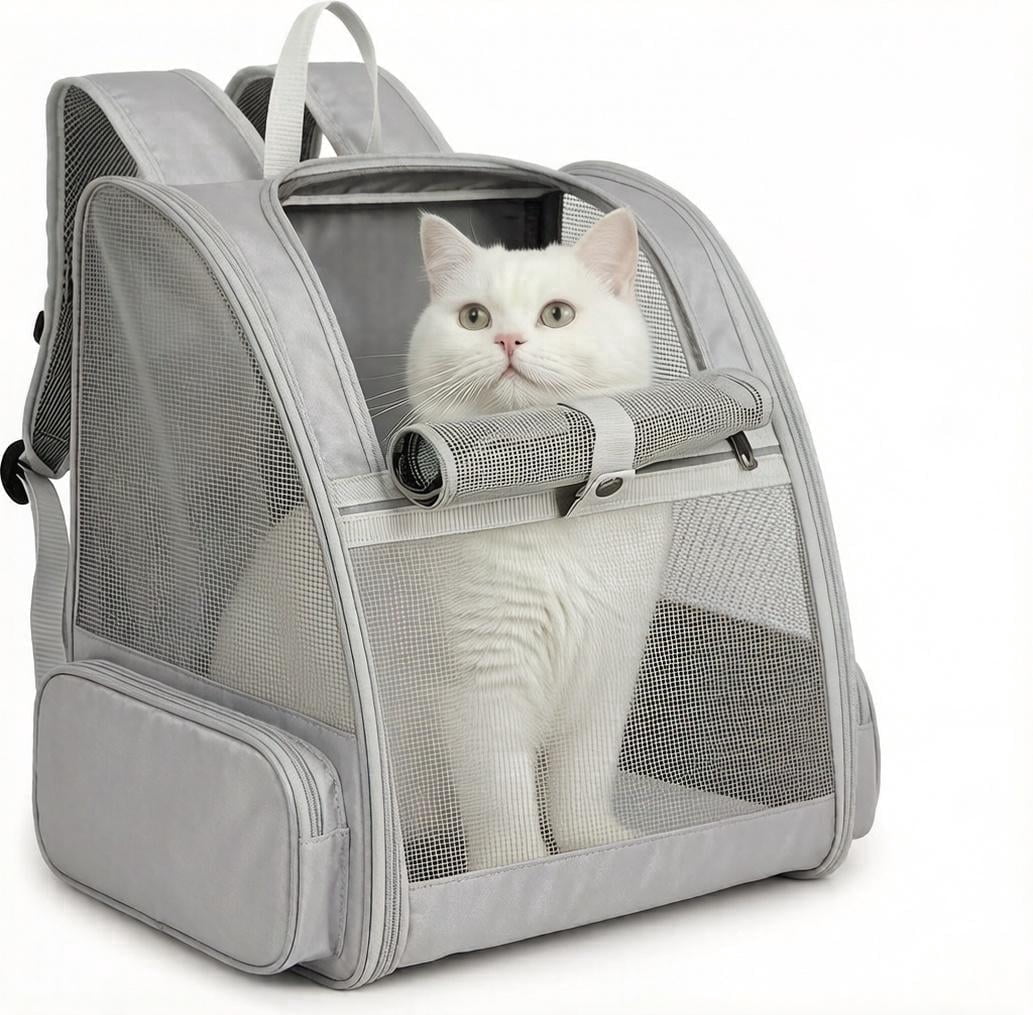 Pet Backpack Carrier for Small Dogs & Cats | Up to 15lbs Capacity | Foldable with Breathable Mesh Windows | Ideal for Travel, Hiking & Outdoor Adventures（Gray）
