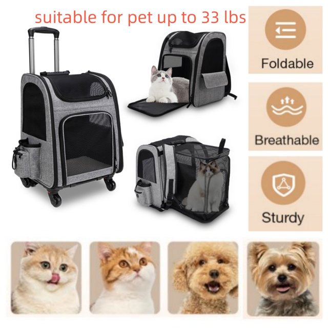 Topiky Cat Dog Carrier With Wheels, Rolling Pet Carrier, Pet Travel Carrier On Wheels With Handle Transparent Breathable Labor Saving Silent Moving For Bathing Doctor Visits