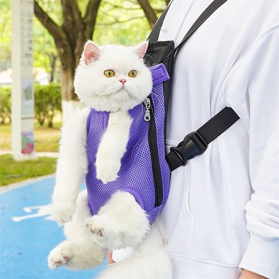 Pet Backpack, Mesh Breathable Pet Carrier Backpack, Portable Outdoor Shoulder Bag with Transparent Window for Dogs Cats, Purple