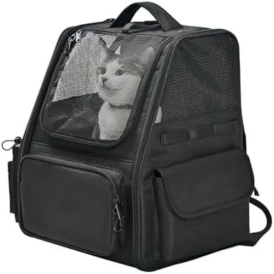 Pet Backpack for Cats & Small Dogs, Collapsible Travel Carrier with Ventilated Mesh, Removable Pad, and Safety Leash, Black