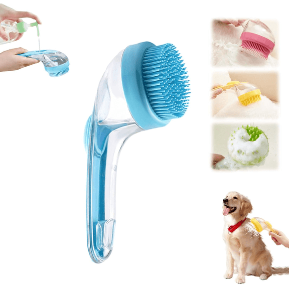 Pet Bath Brush, 2025 New 2 in 1 Dog Bath Brush with Built-in Shampoo Dispenser, Pet Wash Brush for Bathing Dog Grooming Massage Brush for Long Short Haired Dogs Cats Shower (Blue)