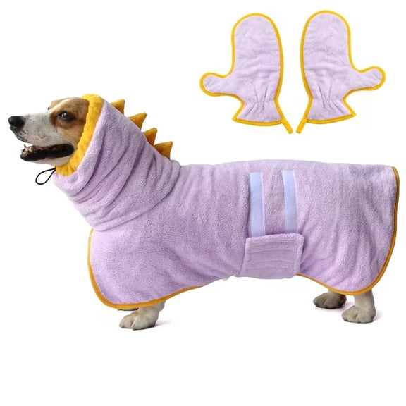 Pet Bath Towel Dog Absorbent Quick-Dry Robe Hooded Drying Coat With Gloves, Purple, Size S1* (16" To 24" Chest) For Small Medium Large Dogs, Dog Bathrobe Homewear Bath Towel Set,