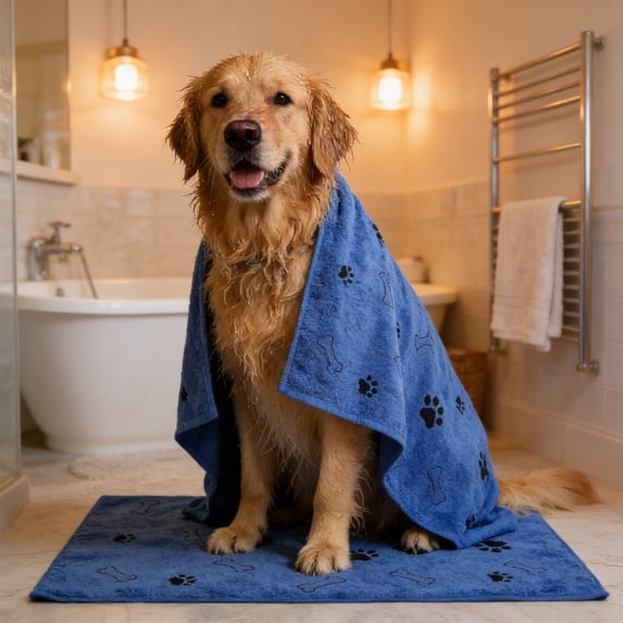 Pet Bath Towel, Quick-Drying & Super Absorbent Dog Cat Towel, Large Soft Coral Fleece Pet Grooming Towel with Bone & Paw Print, for Home & Professional Pet Care