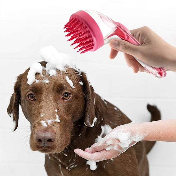 Pet Bathing Brush, Press-to-dispense Shampoo, Gentle Cleaning Tool for Cats and Dogs, Ergonomic Grip Handle, Deep Cleaning Bristles, Topliu