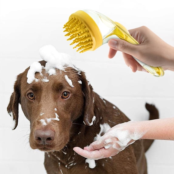 Pet Bathing Brush, Press-to-dispense Shampoo, Gentle Cleaning Tool for Cats and Dogs, Ergonomic Grip Handle, Deep Cleaning Bristles, Topliu