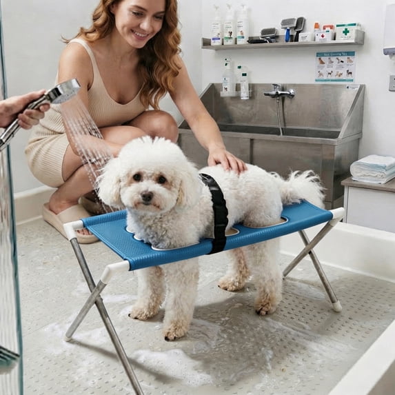 Pet Bathing Grooming Sling with Safety Strap, 16.54x23.62in Foldable Stand for Cats & Small Dogs, Non Mesh Table for Shower & Drying (Blue)