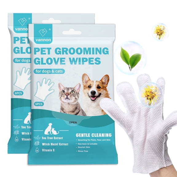 Vannon Pet Glove Wipes for Dogs & Cats, Extra Thick Rinse Free Dog Wipes, Unscented, 2 Pack, 12 PCS