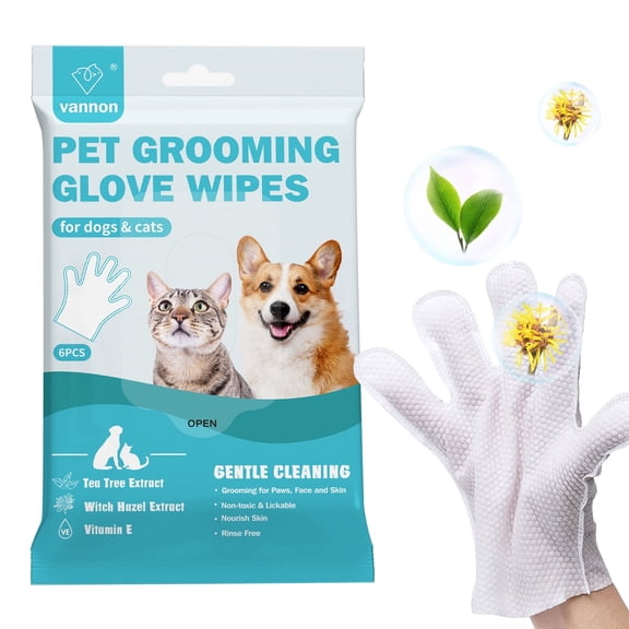 Vannon Pet Glove Wipes for Dogs & Cats, Extra Thick Rinse Free Dog Wipes, Unscented, 1 Pack, 6 PCS