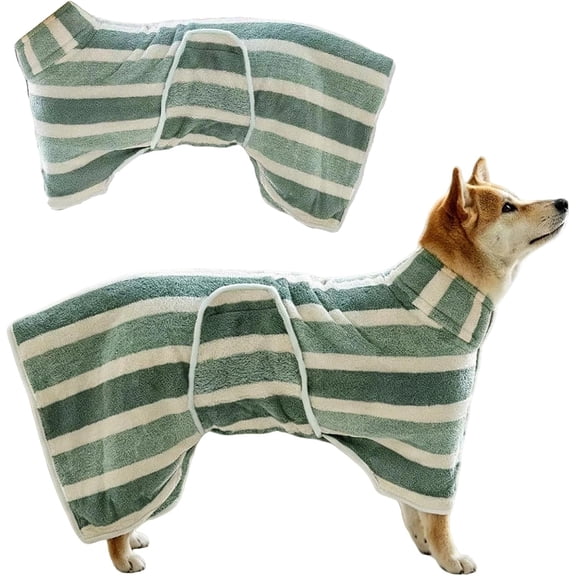 Pet Bathrobe, Quick-Drying Absorbent Striped Towel, Adjustable Belly Strap, Green L, For Post-Bath Use On Household Pets