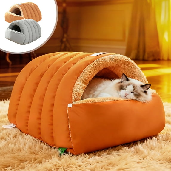 Pet Bed for Cats and Small Dogs | Removable Washable Semi-Enclosed Nest | Thickened Warm Fabric | Dual-Use Convertible Villa Design | Orange/Gray | Scratch-Resistant | Fits Pets ≤5lb