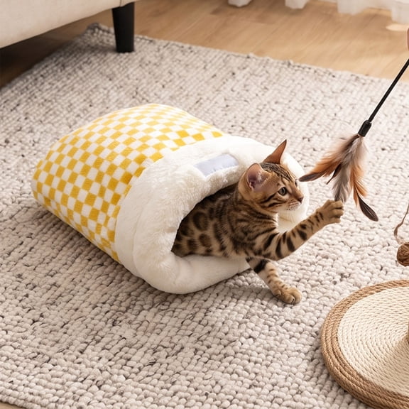 Pet Bed, Convertible Covered Pet Bed with Foldable Hood and Cushioned Base for Cats and Small Dogs, Open or Enclosed Indoor Resting
