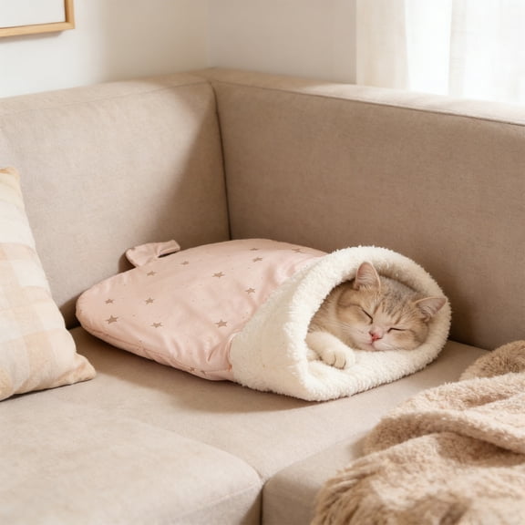 Pet Bed, Gaqring Winter Warm Semi-Enclosed Cat Bed with Tunnel, Soft Plush Reversible Sleeping Bag for Small Pets Indoor Use Cozy Hiding Place, Beige
