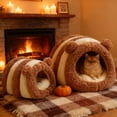 thumbnail image 1 of Pet Bed Villa for Cats & Small Dogs | Washable Semi-Enclosed Warm Nest | Thickened Wear-Resistant Cloth, Brown, Multiple Sizes | Winter Cozy Mat, Convertible Design, 1 of 6